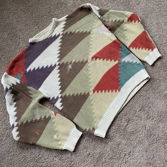 Vintage 90s Distressed Aztec Southwestern Grandpa Baggy Sweater Unisex Size L - Picture 3 of 5